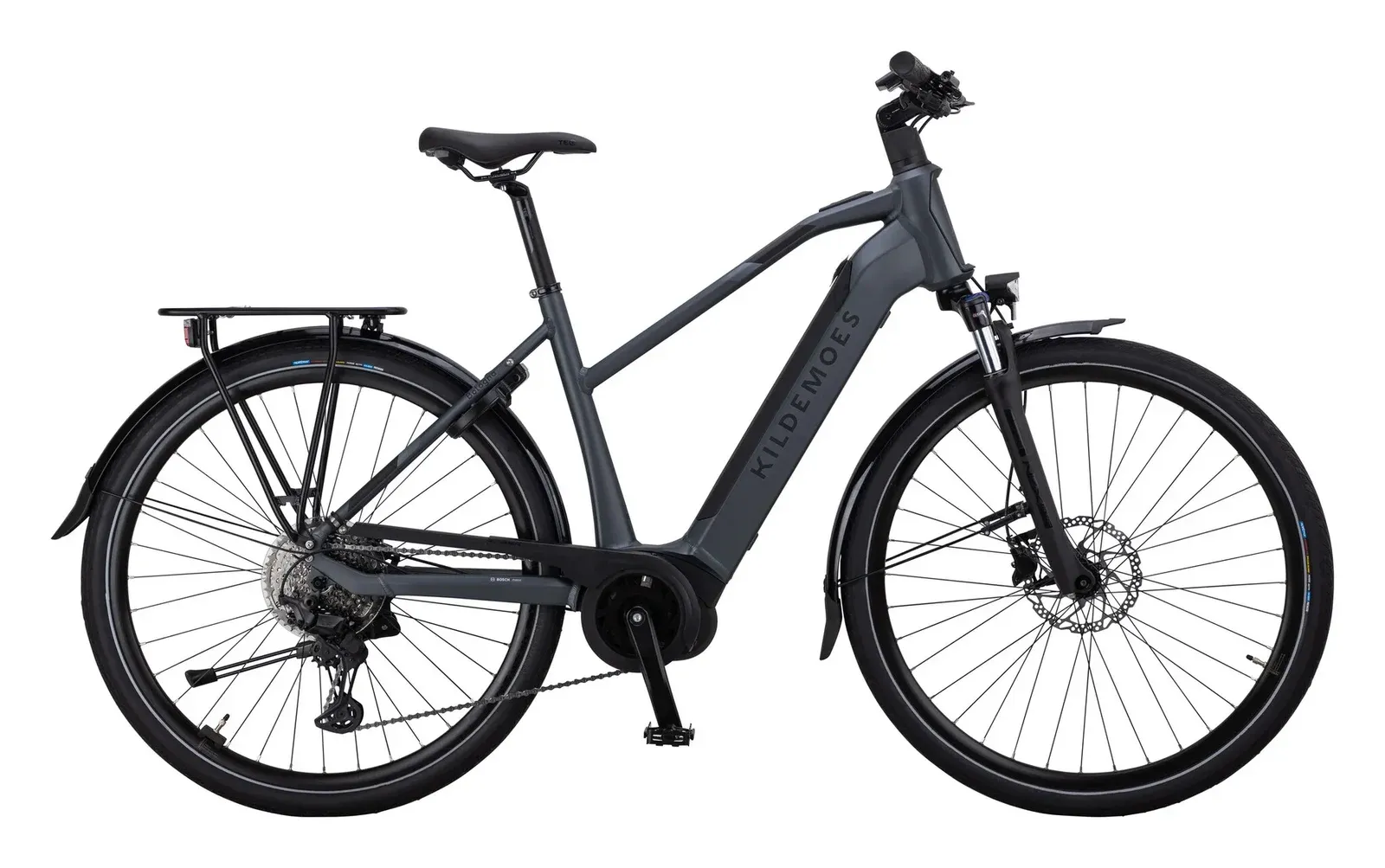 Grå Kildemoes Bologna herre-elcykel med Bosch midtmotor, integreret batteri og bagagebærer set fra siden