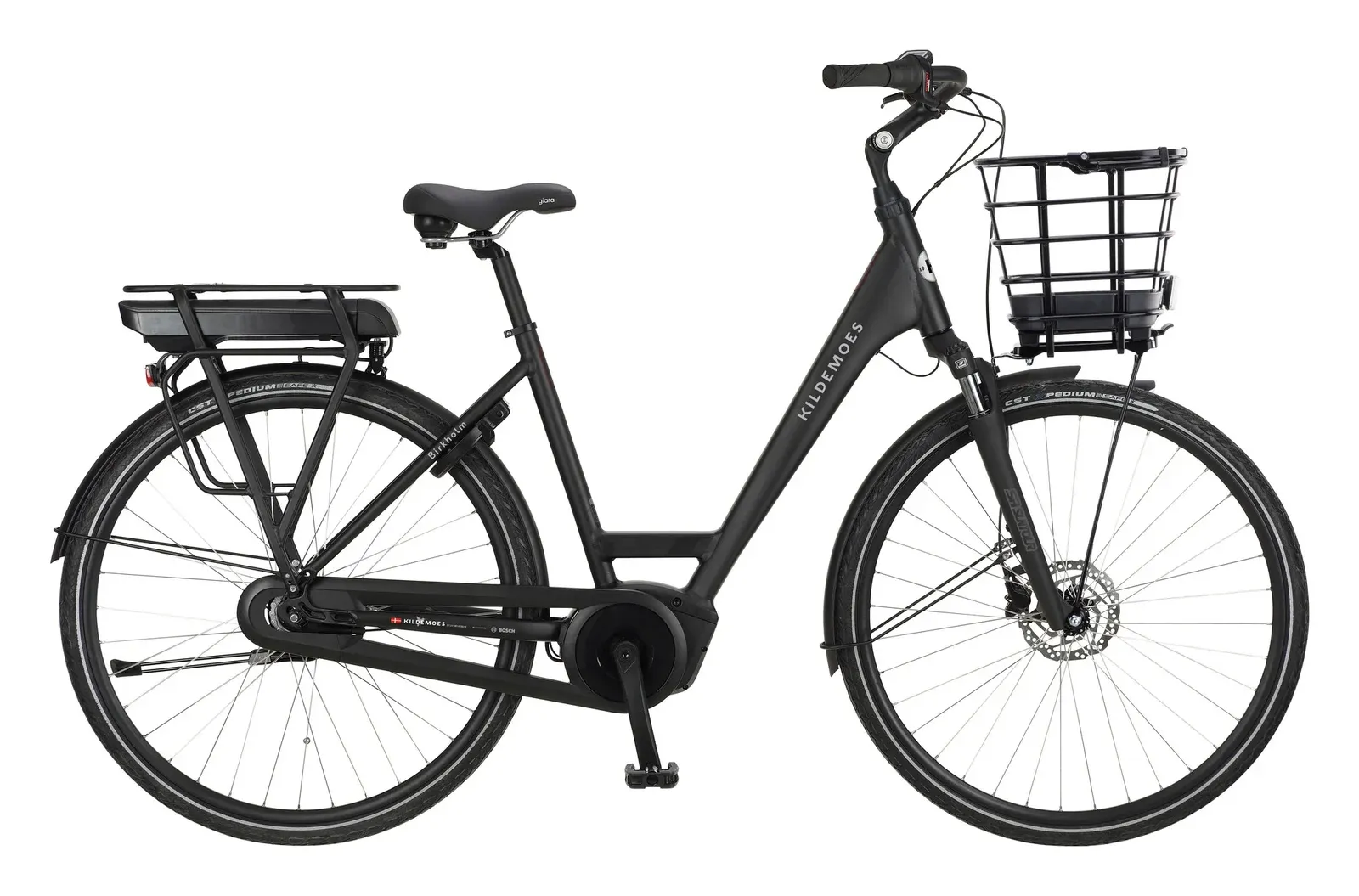 Sort Kildemoes Birkholm elcykel med Bosch midtmotor, kurv foran og batteri på bagagebæreren