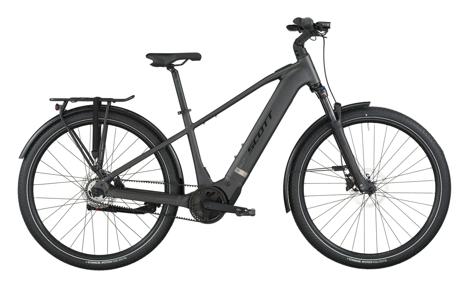 Mørkegrå Scott Sub Tour eRIDE 30 herre-elcykel med remtræk, skærme og bagagebærer set fra siden